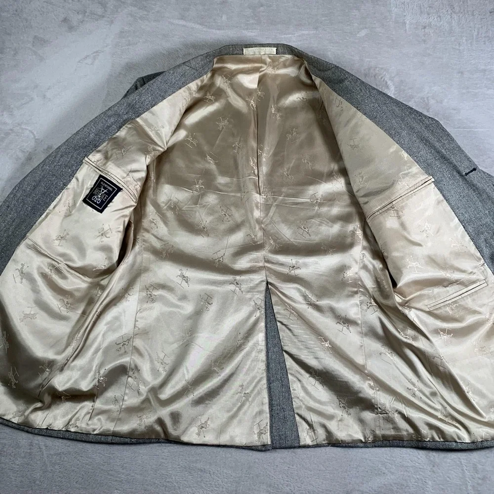 Old School Bespoke‎ Blazer Mens 43R Gray Herringbone Tailored USA 100% Linen